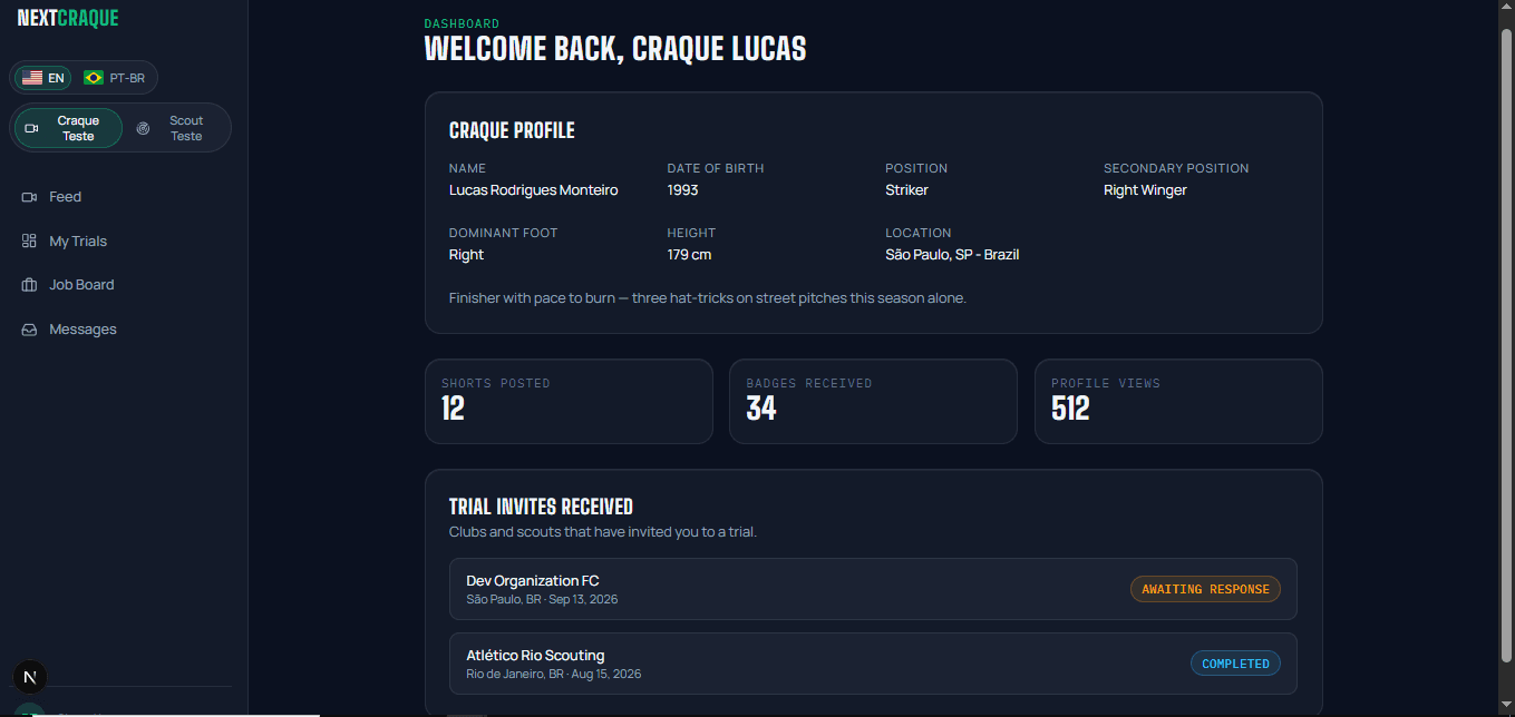 NextCraque player profile and dashboard